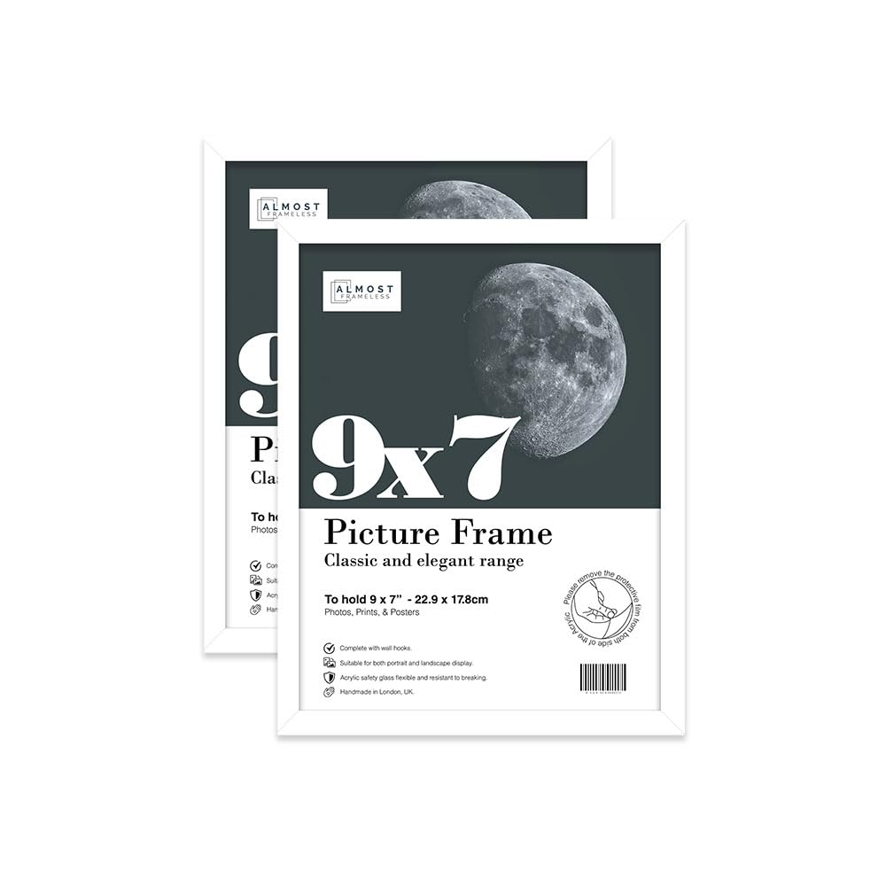 Almost Frameless 9x7 White Picture Frame Set of 2, Display 9x7 Picture Gallery Wall, Poster, Photo, Artwork, or Print, Yellow