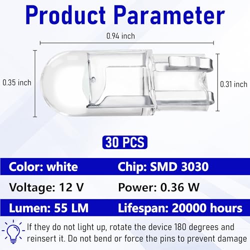 Image of ecocstm 30 PCS Car 194 LED Bulbs, 168 2825 W5W T10 Wedge COB LED Replacement Bulb, Error Free Interior Bulb for Dashboard Light, Dome Lights (Blue)