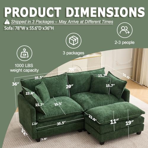 Image of 78 inch Modular Sectional Sofa, L Shaped Cloud Couch with Ottoman | Comfy Chenille Deep Seat Sofa with Throw Pillows, 3 Seat Modern Couches for Living Room Bedroom Apartment, Green, 78 inch L