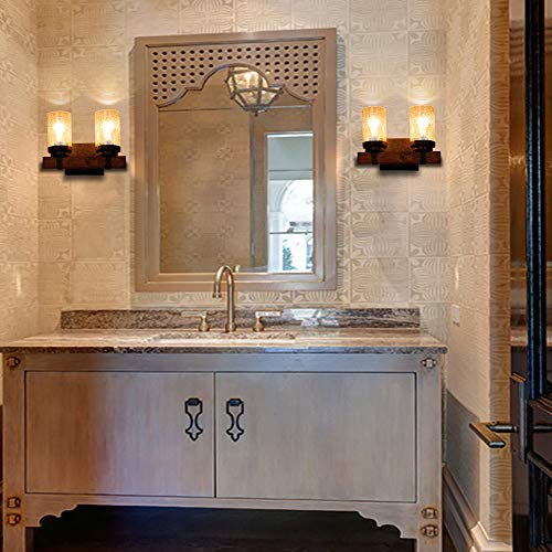 Anmytek Farmhouse Wall Sconce Light Fixtures Wood Metal 2-Light Bathroom Vanity Lights Over Mirror With Bubble Glass Shade For Bedroom,Kitchen,Living Room,Hallway W0019 #TOP1