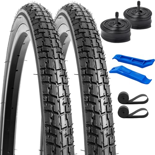 YunSCM 2本セット,26 1 3/8 タイヤ,26x1 3/8 37-590自転車タイヤ + 26x1 3/8 チューブ 肉厚 米式バルブ32mm + 自転車リムテープ+タイヤレバー,適用 26インチ 1 3/8 電動自転車、ロードバイク,Y-1127
