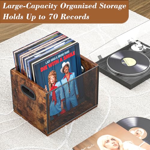 Aimeaihe Vinyl Record Storage Crate, Cube Record Holder Storage 70+ Records, Metal & Wooden Vinyl Storage Record Display Organizer with Handles, Rustic Brown - Thumbnail 4