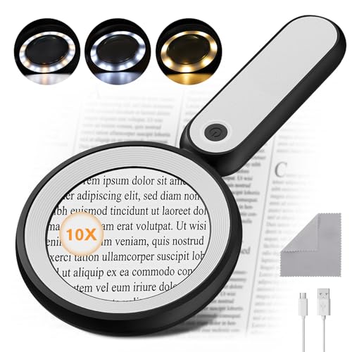 MoKo Lupa con Luz, Lupa de Mano 10X para Lectura, Lupa Iluminada con 21 Luces LED y 3 Modos, Lupas Recargables para Mayores Lectura Inspección Exploración