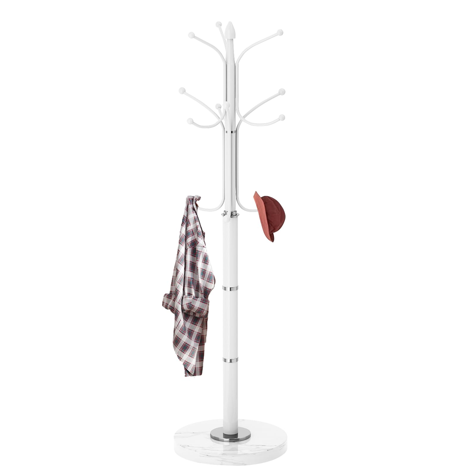 Metal Coat Rack Stand, Modern Freestanding Coat Rack with Natural Marble Base,White Coat Racks and Coat Hall Tree Hanger Stand with 12 Hooks for Entryway, Hallway, Office