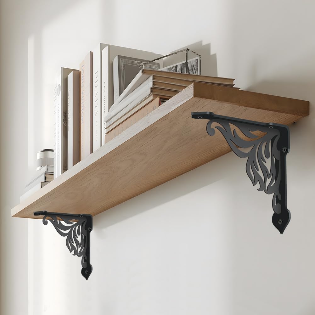 SUPERDANT 2 Pack Tree Leaf Shelves Brackets Heavy Duty Metal Shelf Brackets Decorative Wall Shelf Black Iron Shelving Bracket for Kitchen Bookshelf Fireplace Mantel Corbel Corner Brace Gift 8.3x6.8in