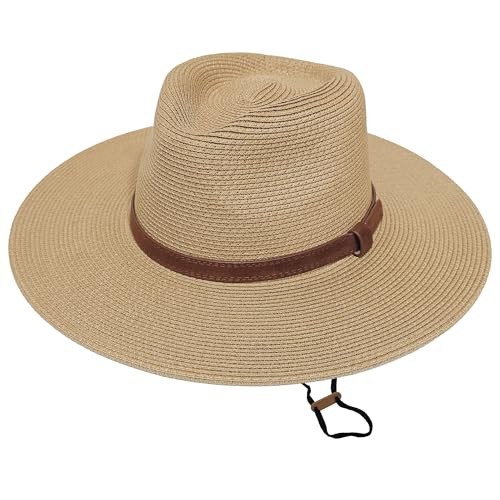 Wildarms Sombrero Panamá de Verano Unisex, Sombrero de Paja de ala Ancha Ligero y Plegable, Transpirable para Mujer y Hombre, Playa y Viaje(Marrón Cinta Cuero,59)
