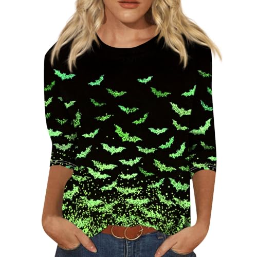 Image of Women Spooky Halloween Graphic Shirt 3 /4 Length Sleeve Crewneck Top | Halloween Funny Printed Pumpkin Plus Size Tshirts 2026 Fall Outfits Skeleton Tee Going Out Tops