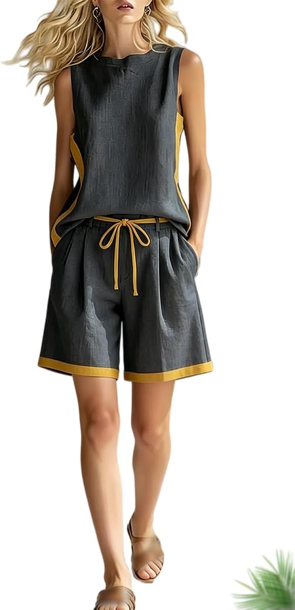 Women's Round Neck Sleeveless Casual Loose Vest and Elastic Waist Casual Loose Shorts Cotton and Linen Set with Pockets