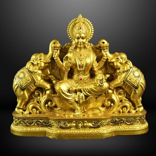 Image of Gaja Lakshmi Idol On Lotus with Elephants │ 4.5 Inch Polystone Laxmi Murti │ Brass, Silver & Patina Grey Finish │ Diwali Puja Gift (Gajlakshmi Brass Color)