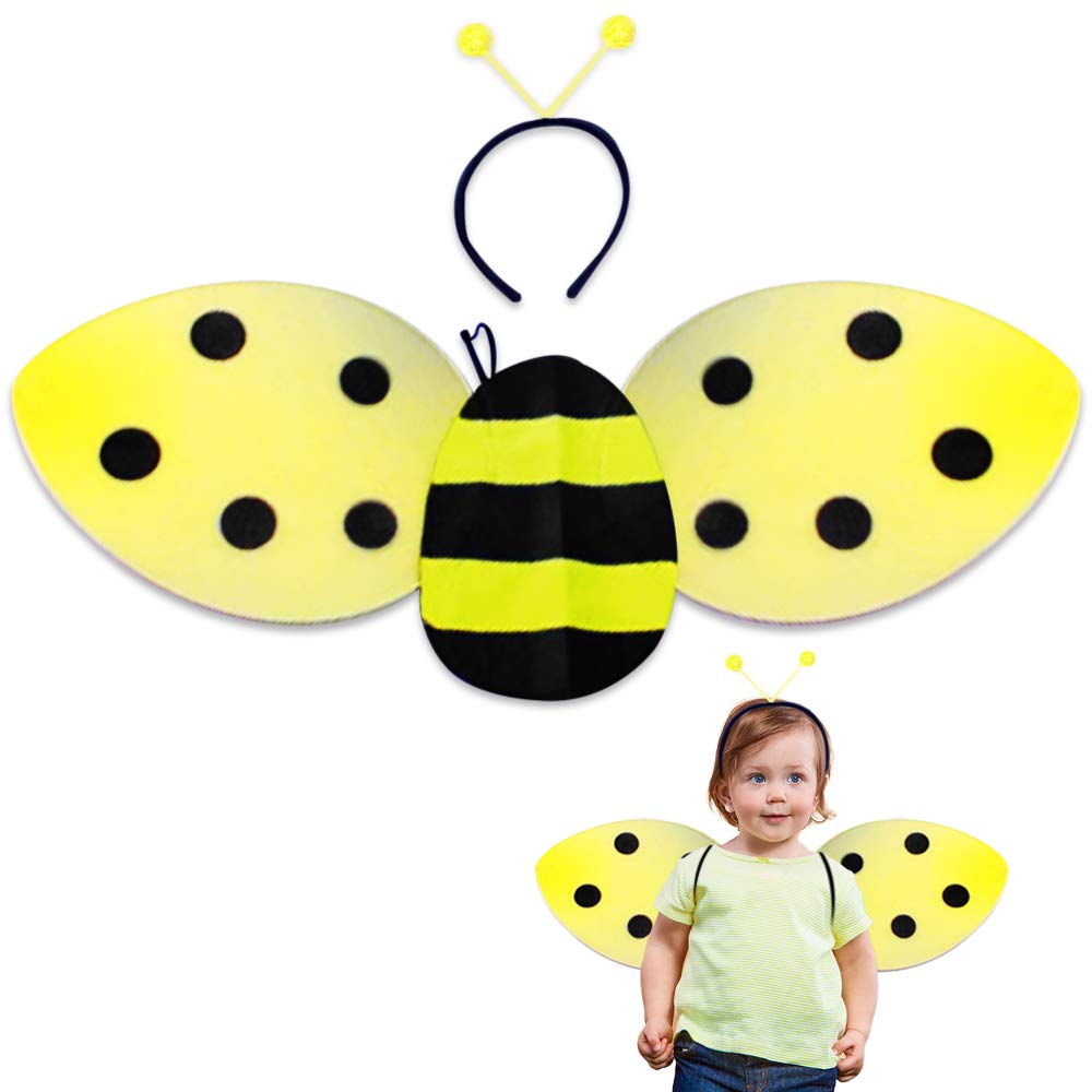 Bee Costume for Kids, Honeybee Costume Set with 1 Pair of Wings and Antenna Headband, Cute Halloween Costume for Girls & Boys, Fun Pretend Play Accessories, Black & Yellow
