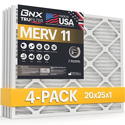 Image of BNX 20x25x1 MERV 11 Air Filter 4 Pack - MADE IN USA - Electrostatic Pleated Air Conditioner HVAC AC Furnace Filters - Removes Dust, Mold, Pollen, Lint, Pet Dander, Smoke, Smog