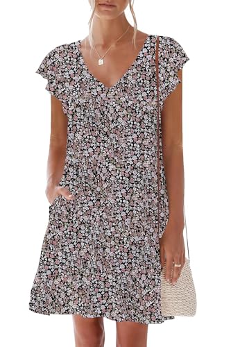 Image of nclook Womens Summer Casual Dresses Sweet Cute V Neck Mini Dress with Pockets Ruffle Short Sleeve