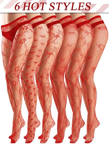 Image of Ramede 6 Pairs Women Fishnet Tights Thigh High Waist Bow Stockings Patterned Lace Fishnet Leggings Pantyhose for Halloween