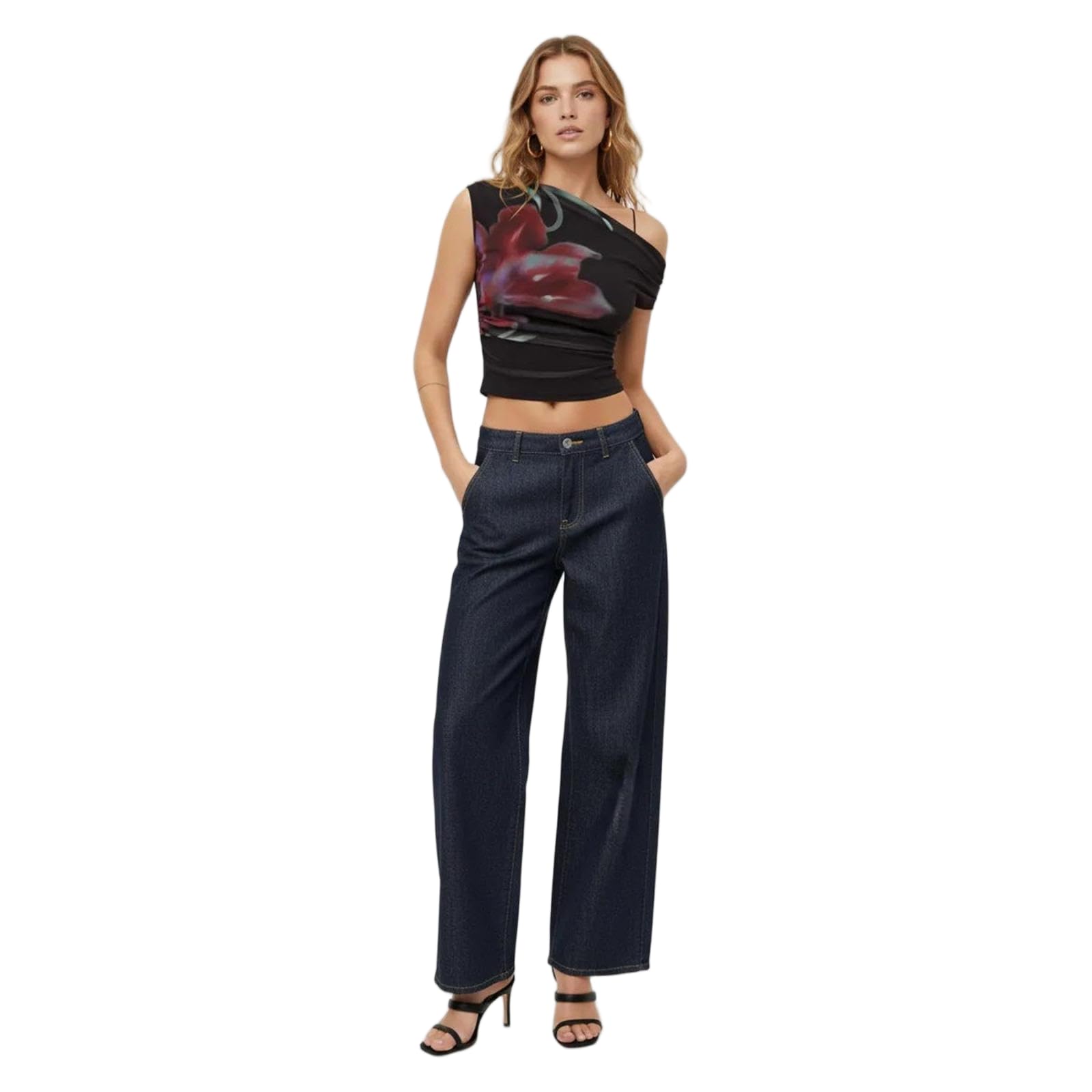 JCVBN - Top da donna con spalle scoperte, stampa floreale, increspato, senza maniche, trasparente, spalle scoperte, stampa floreale, increspato, corto, senza maniche, per uscire, estate