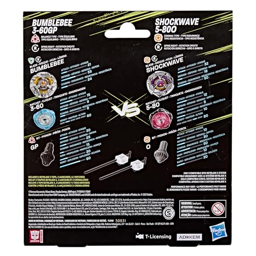 Image of Beyblade X and Transformers Collab, Bumblebee 3-60GP vs. Shockwave 5-80O, 2 Takara Tomy Tops, 2 Launchers, Battling Top Game Toys, Ages 8+ (Amazon Exclusive)