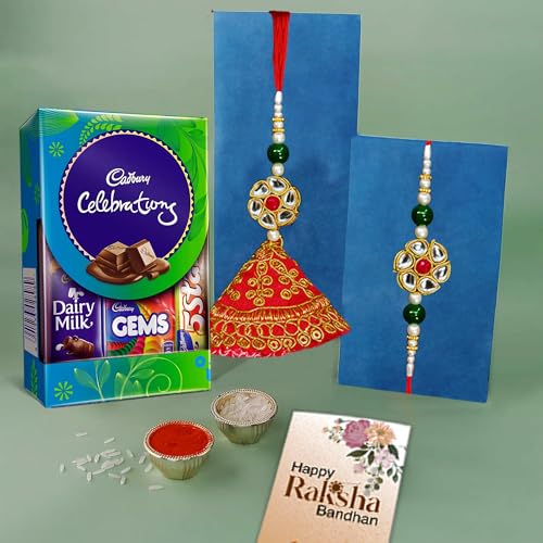 Image of Frostick Rakhi Set Bhaiya Bhabhi Raksha Bandhan Gift Combo Flower Design with Cadbury Celebrations, Roli, Chawal, Greeting Card & Gift Box (Design 2 Rakhi)