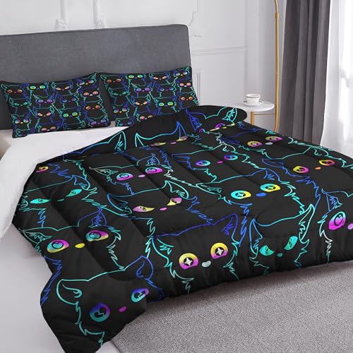 Uyivugmo Kids Cat Cartoon Comforter Bedding Sets for Child Gradient Line Cute Cat for Teens Kids Boys Girls Adults Room Decor Includes Comforter with 2 Pillowcase