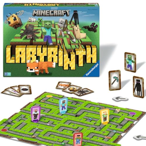 Image of Ravensburger Minecraft Labyrinth - A Strategic Maze Challenge Featuring Steve, Alex, Creepers, Spiders,Llamas, and More - Fun Family Game for 2-4 Players - Ages 7 and Up