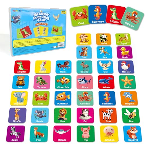 72 PCS Memory Match Game Animal Matching Game for Kids 3 and up Enhanced Memory Skills Card Games for Kids Ages 4-8