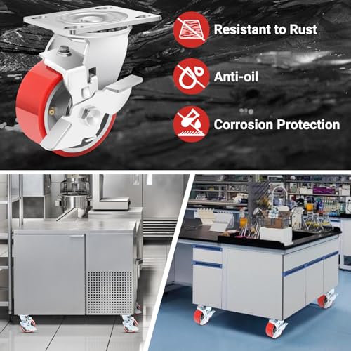 Image of Nefish 4 Inch Industrial Grade Casters Wheels, Heavy Duty Aluminum Core PU Castor Set of 4, Durable Plate Swivel Casters with Brake 3200 LBS, Anti-Corrosion Wheels for Industrial, Machine