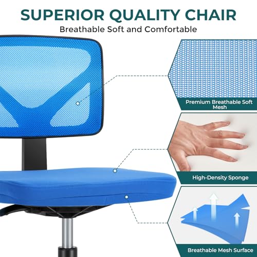 Image of DUMOS Small Office Chairs with Wheels, Ergonomic Adjustable Home Desk Swivel Rolling Task Chair No Arms, Comfy Mesh Mid Back Computer Work Vanity Desk Chairs for Small Spaces, Blue