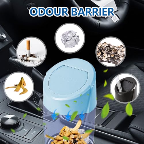 Image of Hovom Mini Car Trash Can with Lid, Portable Garbage Can for Car, Leakproof Cup Holder Automotive Garbage Bin with 2 Rolls of Trash Bags, Small Trash Storage Can for Car Home Office(Light Blue)