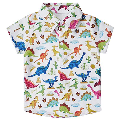 uideazone Kids Boys Hawaiian Aloha Shirt Summer Short Sleeve Button Down Dress Shirt for Beach Holiday 2-14 Years (Dinosaur1, 5-6X)