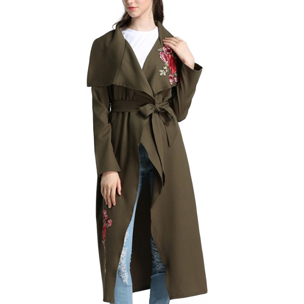 Women Plus Size Floral Embroidery Wide Lapel Open Front Belted Long Cardigan Overcoat