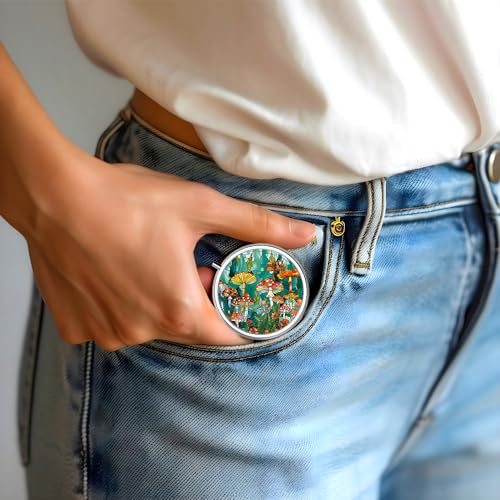 Image of Pill Box-3 Compartment Small Pill Case for Purse & Pocket Mini Metal Pill Holder Travel Pill Container to Hold Supplements Vitamins BPA-Free (Mushroom Forest)