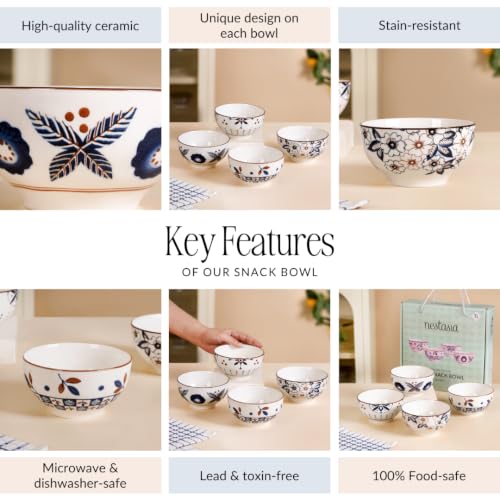 Image of Nestasia Ceramic Snack Bowl Set of 4 (350 ml Each) - Microwave & Dishwasher Safe Serving Bowl with Gift Box | 100% Food Safe Dinner Bowls - for Soups, Noodles & Curry (Geometric & Floral Design)