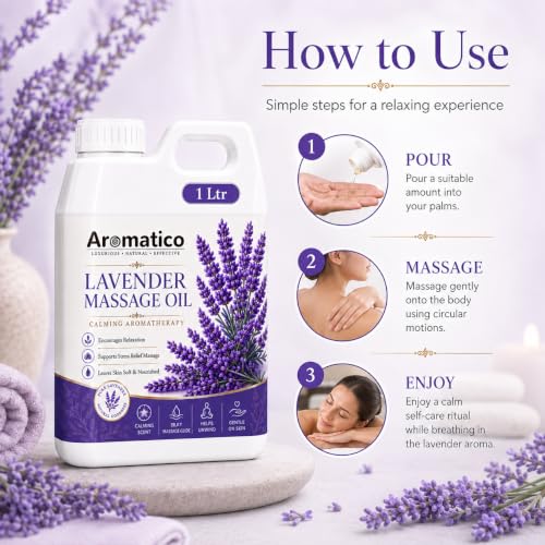 Image of AROMATICO Lavender Massage Oil 1 Litre | Professional Spa & Salon Bulk Refill Pack 1000ml