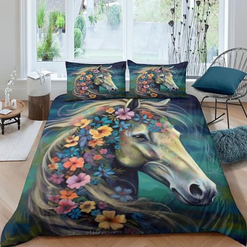 Parure housse de couette fleurs et chevaux 3D microfibre de qualité supérieur - 2