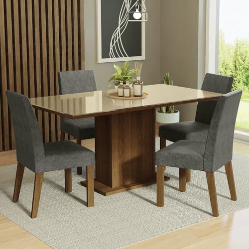 Image of Madesa 4 Seater Dining Set Rectangular Glass Table Top Sturdy Wooden with Fully Cushioned Seats 160 Cm for Dining Room and Kitchen - Brown /Beige /Grey