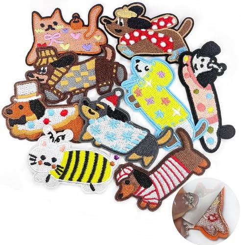 9PCS Self Adhesive Embroidered Applique Dog Cat Cute Iron On Patches Sew On Kawaii Fashion DIY Accessories Trendy Decoration for Clothing Bags Hats Jackets Backpacks