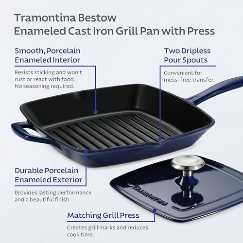Image of Tramontina Bestow Enameled Cast Iron 11-Inch Grill Pan with Press, Blue