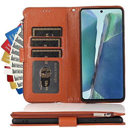 Cavor for Samsung Galaxy Note 20 Case,PU Leather Zip Pocket Wallet Flip Cover Case Magnetic Closure Book Design with Kickstand Feature & Card Slots Compartment for Samsung Galaxy Note20 (6.7")-Brown