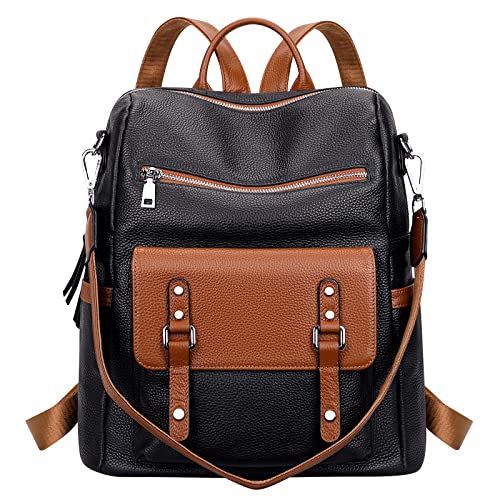 Over Earth Genuine Leather Backpack Purse for Women Fashion Shoulder Bag Ladies Crossbody Handbag(O188E Black/Brown RP)