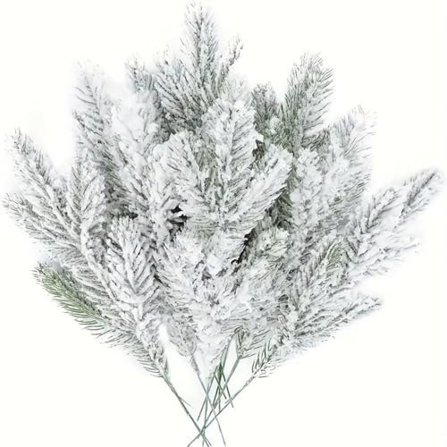 BlesConi - Rami di pino artificiali innevati 15 pezzi, 27 cm, decorazioni per albero di Natale, ghirlande, decorazioni per le vacanze fai-da-te, in PVC verde smerigliato