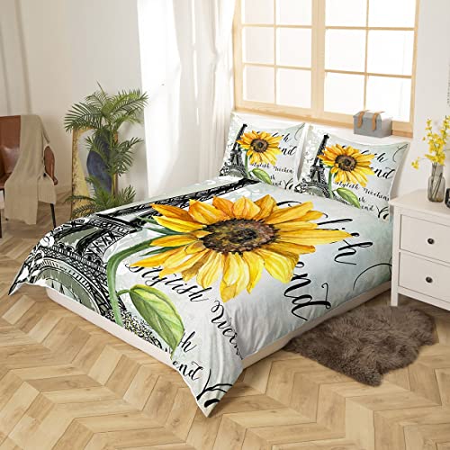 Loussiesd Eiffel Tower Sunflower Duvet Cover Bedding Set Botanical Floral for Kids Girls Paris Tower Comforter Cover Modern Bedspread Cover Duvet Cover King Size - Image 2