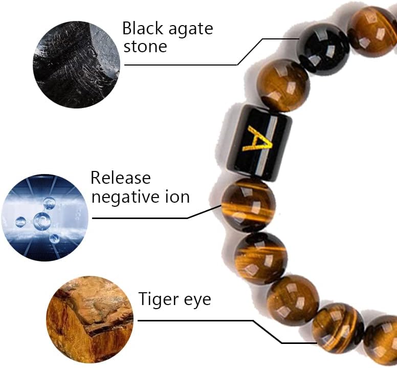 Miniatura 3 de GIOLOYS Pulsera de cuentas con inicial, pulsera de piedras preciosas curativas con ojo de tigre natural y ónix negro, pulseras ajustables para