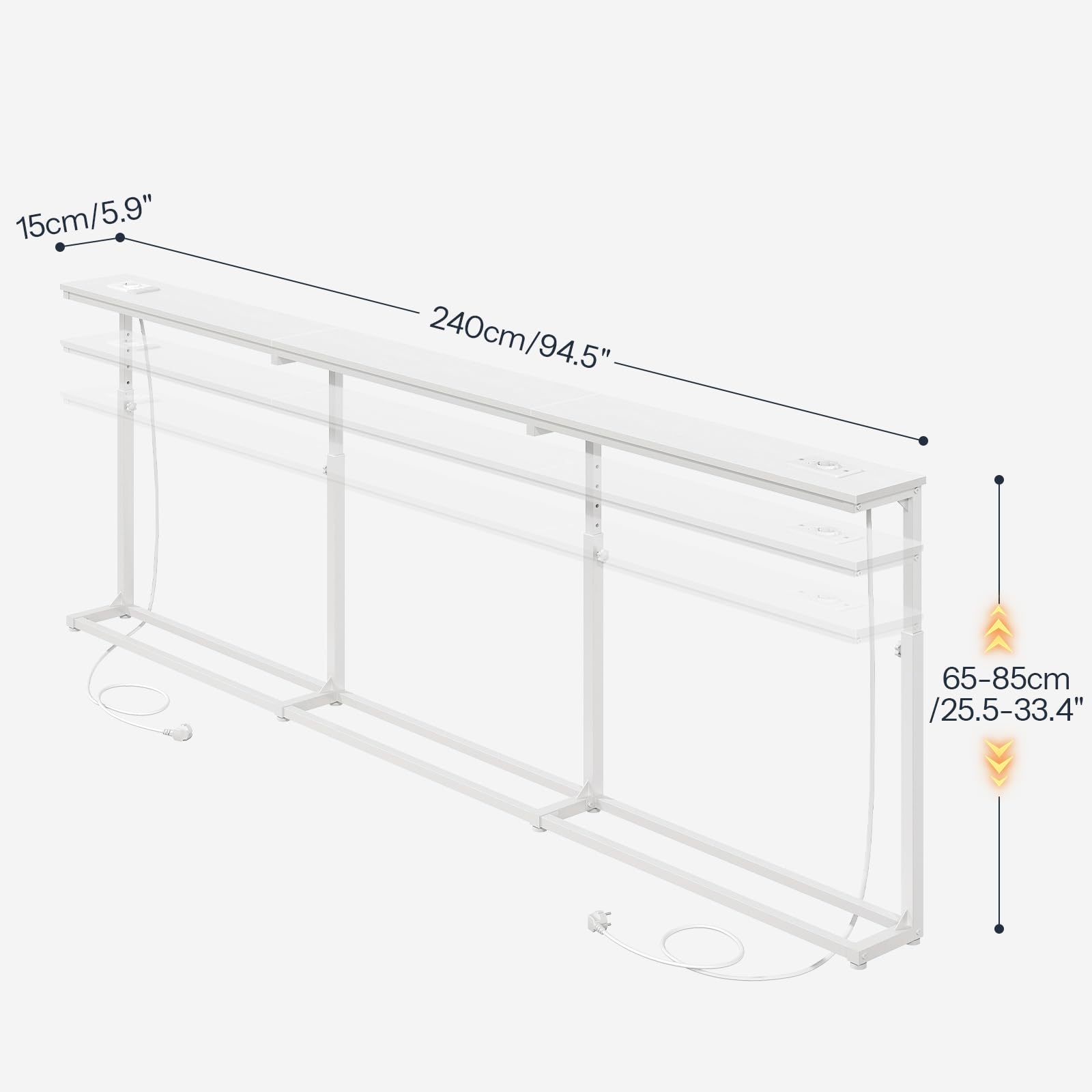 HOOBRO Consolle da Ingresso Stretta, Regolabile a 5 Altezze (65-85 cm) | Tavolino con 2 Stazioni di Ricarica (1 Porta AC, 2 Porte USB), per Divano, Ingresso, Corridoio, Atrio, Bianco