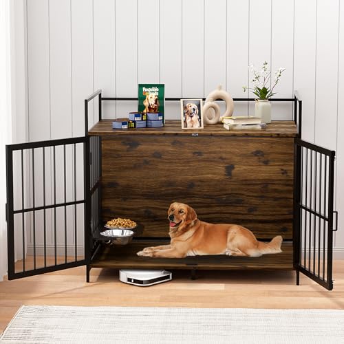 LOVMOR Dog Cage Furniture with Rotating Feeder Bowls, Dog Kennel Indoor with Cushion, Dog Crates for Large Dogs, 48' L X 30' W 43' H, Rustic Brown