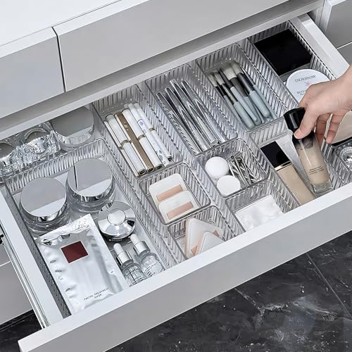 YTOPRO 14 PCS Clear Drawer Organizers Bins,4-Size Stackable Makeup Drawer Organizer Trays,Vanity Organiser,Desk Drawer Organizer Trays,Drawer Dividers for Kitchen,Bathroom,Makeup,Office