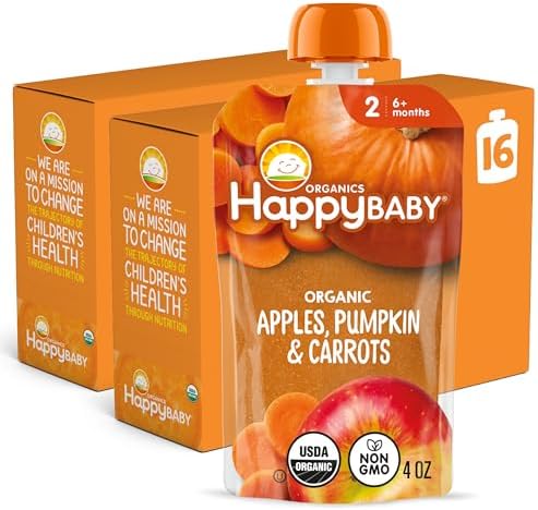 Happy Baby Organics Stage 2 Baby Food Pouches, Gluten Free, Vegan & Healthy Snack, Clearly Crafted Fruit & Veggie Puree, Apples, Pumpkin & Carrots, 4 Ounces (Pack of 16)