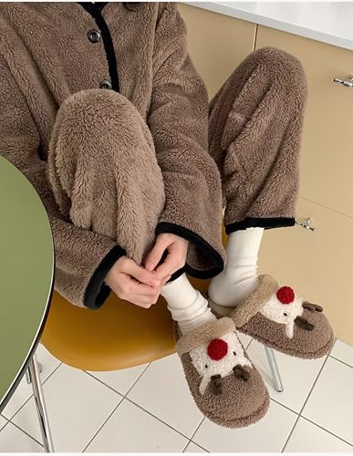 Women's Christmas Reindeer Fuzzy Cute Warm House Slippers Stuffed Animal Bedroom Indoor Shoes2