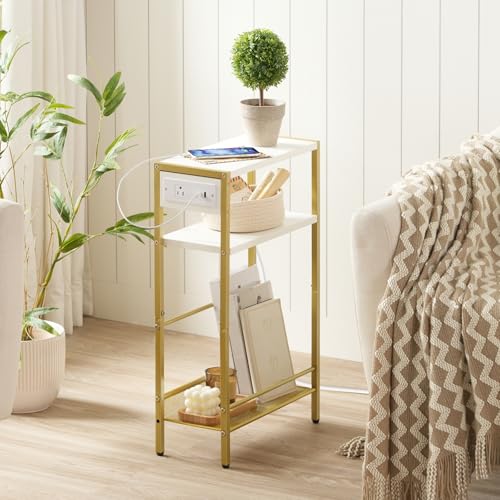 Image of HOOBRO Small Narrow Side Table with Charging Station, Skinny End Table for Small Spaces, Slim Nightstand with USB Ports Outlet, Sofa Beside Table with Storage Shelf, White and Gold DW102UBZ01
