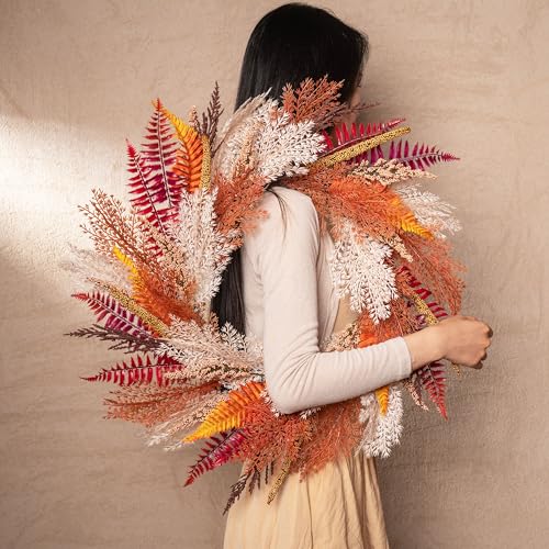 Decor By Hannah DBH2023-W008 Decorbyhannah Collapsible Fall Wreath, 24'' Pre-Lit Artificial Pampas Grass Wreath thumb #5