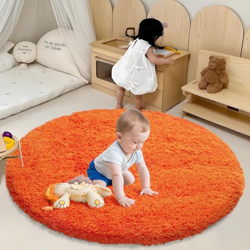 Orange Fluffy Round Rug,Soft Area Rugs for Girls Room,Shaggy Rugs 5'X5' for Living Room,Non Slip Circle Rug for Kids Bedroom,Shag Plush Nursery Carpets,Fuzzy Plush Rug for Dorm,Cute Room Decor Carpet