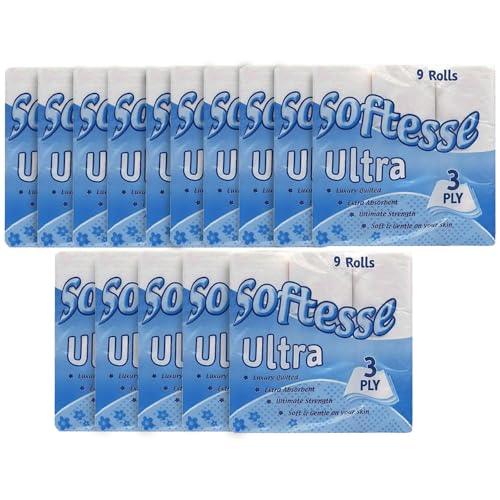 Venuscello 135 rollos de papel higiénico Softesse Luxuriously Soft | Cada paquete contiene 9 rollos (total 15 rollos) | Papel de seda familiar de 3 capas | Rollo de papel higiénico suave y ultra