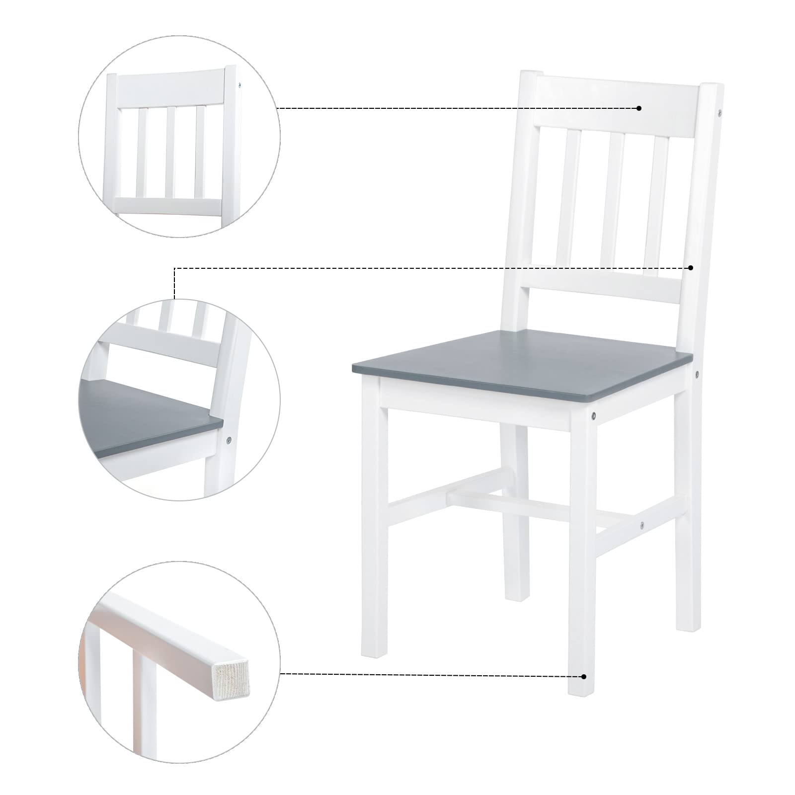 Ensemble Table et 4 Chaises, Table de Salle à Manger Massif Pin Bois et 4 Chaises pour Cuisine Salon Maison, Gris et Blanc AAAA01